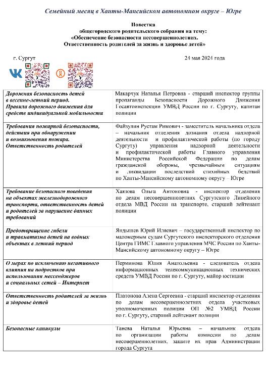 Общегородское родительское собрание на тему: «Обеспечение безопасности несовершеннолетних. Ответственность родителей за жизнь и здоровье детей»